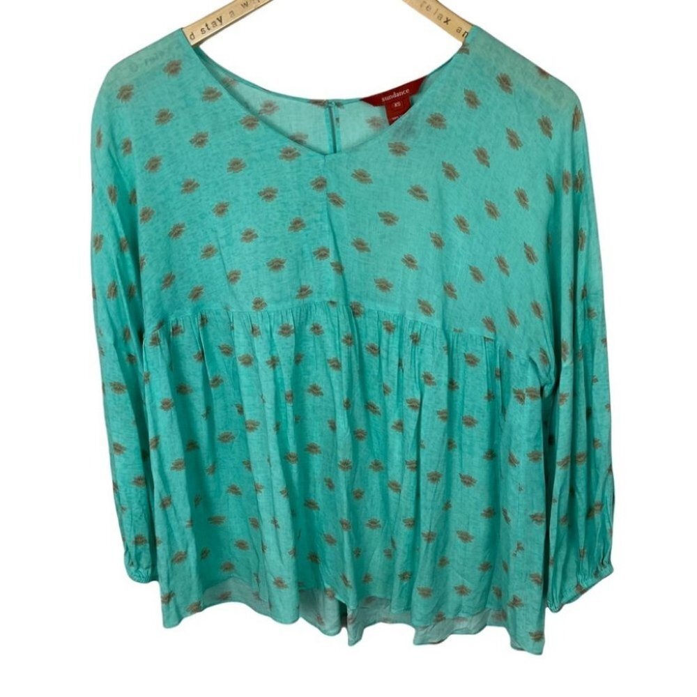 Sundance Catalogue Bohemian Peasant Blouse Size‎ XS Rayon Hippie Blue Green Gold